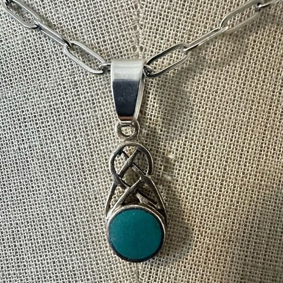 Sterling Silver Celtic Knot Pendant Necklace with Turquoise-Colored Stone - Picture 1 of 7